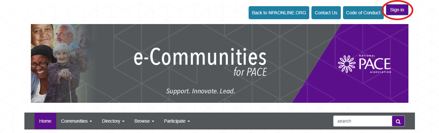 On the e-Community home page, click on the button in the upper right to signin again to access e-Community content.